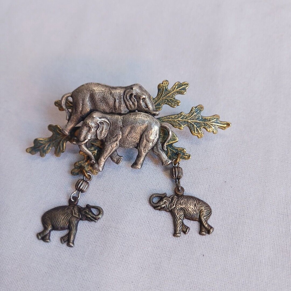 Elephant Brooch Pin Silver Tone Gold Tone Green Large